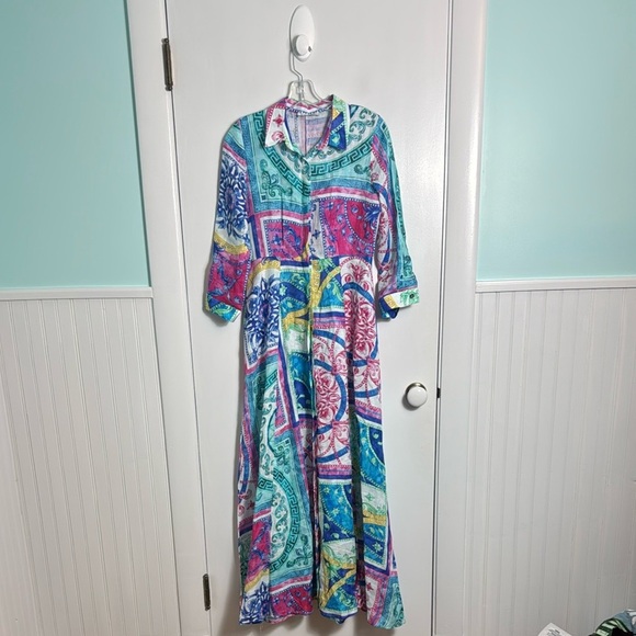 Sesto Senso Italian Linen Printed Button Up Maxi Shirtdress Medium Europe - Picture 2 of 12